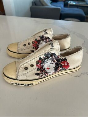Ed Hardy Cream Canvas Slip-On Sneakers with Tattoo Print Skull & Geisha